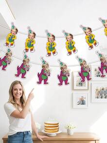 7/14/21pc Custom Face Barney Birthday Banner, Personalized Photo Party Garland,Barney Dinosaur Themed Party Decor | Birthday Party Supplies | Photo Booth Prop | Flags Funny,Personalized Gifts,Party Favors - Multicolor - View 7