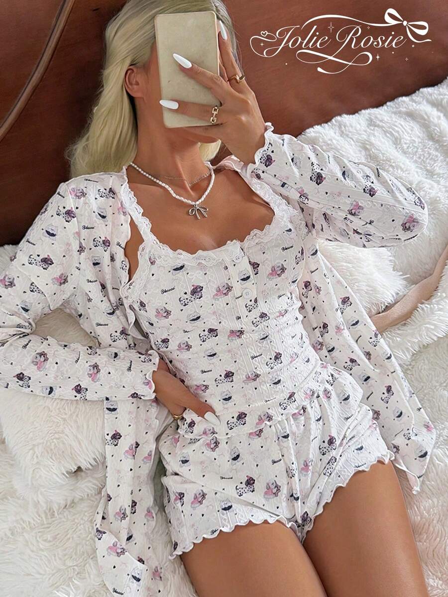 Girly Jacquard Print 3 PiecesPajama Set - Lace Trim Camisole + Shorts + Long Sleeve Cardigan, Sweet Homewear Set