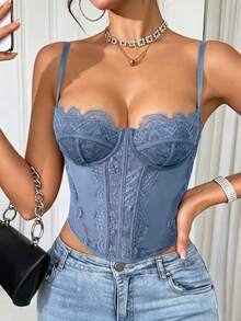 1 pieza Camiseta corta con encaje, adecuada para citas, fiestas y salidas - Neblina azul - Ver 3