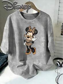 Disney Minnie Mouse Leopard Print Suit Fashion Glasses Playful Cartoon Creative Print Stylish Oversized Vintage T Shirt 2026 Spring Summer Crew Neck T Shirt Vintage Fashion Lovers Popular Vintage Crew Neck T Shirt - Grey - View 1