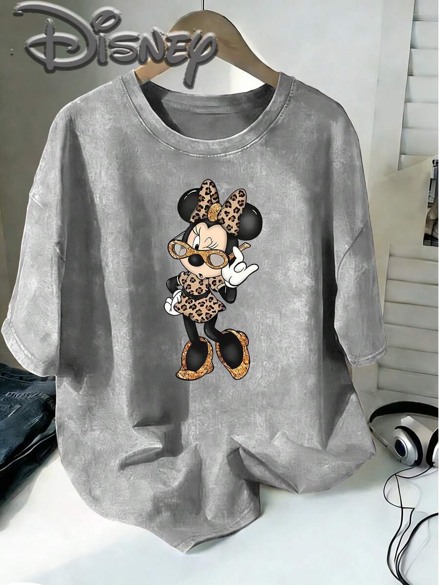 Disney Minnie Mouse Leopard Print Suit Fashion Glasses Playful Cartoon Creative Print Stylish Oversized Vintage T Shirt 2026 Spring Summer Crew Neck T Shirt Vintage Fashion Lovers Popular Vintage Crew Neck T Shirt - Grey - View 1