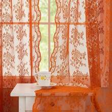 Cortinas de encaje naranja de 72 pulgadas de largo rústico floral de gasa transparente cobre café naranja Burtnt cortinas de privacidad para comedor ventana de la bahía granja bohemio - Naranja quemado - Ver 2