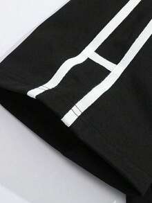 2pcs/Set Men's Summer New Fashionable Loose Comfortable Casual Street Style T-Shirt And Shorts Set, Contrast Color Patchwork Design - Black - View 10