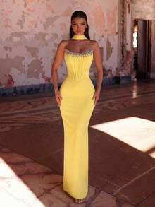 Black Elegant Lace Patchwork Ruched Bust Backless Tie Formal Gown, Suitable For Prom, Party, Evening Wedding Spring - Yellow - View 1