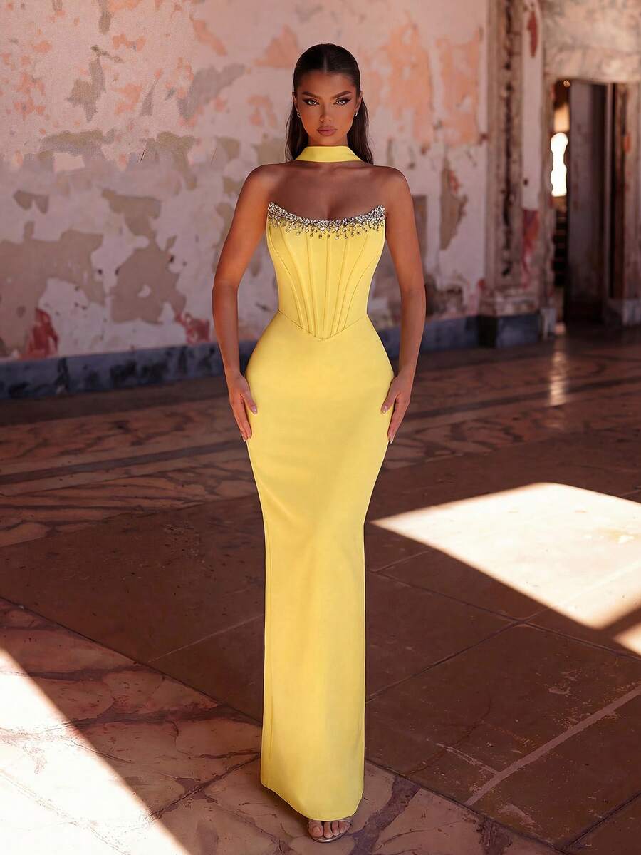 Black Elegant Lace Patchwork Ruched Bust Backless Tie Formal Gown, Suitable For Prom, Party, Evening Wedding Spring - Yellow - View 1