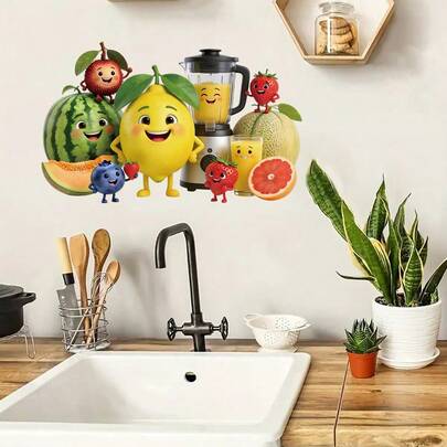 BRUP Bộ 1/3 tờ giấy dán tường hình gia đình trái cây ngộ nghĩnh, gồm chanh, dưa hấu, dưa lưới, bưởi, nước cam và các loại quả mọng, decal trang trí nhà bếp phong cách Cottagecore cho trẻ em, tự tay trang trí nhà bếp và tủ lạnh, có thể bóc dán dễ dàng, họa tiết trang trí góc ăn sáng vui nhộn.