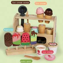 Kids Wooden Ice Cream Counter Set, Money Accessories Included Early Learning Educational Toy, Parent-Child Interactive Pretend Gift - 彩色 - 查看 7