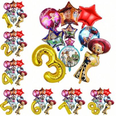 Hasbro 8pcs Authorized Cartoon Birthday Party Balloon Set, Including 32-Inch Yellow Digital Foil Balloon (Suitable For 1-9 Years Old Children), 18-Inch Patterned Star And Round Foil Balloons, Large Cowboy Cloth Shaped Foil Balloon, Suitable For Decorating Birthday Theme Parties.