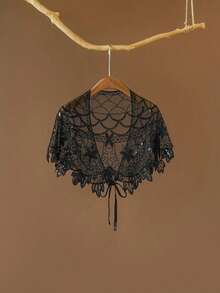 1PC Sheer Lace Flapper Shawl Elegant Vintage Sparkly Beaded Sequin Cape Boho Evening Women's Dress Outerwear Shawl - 黑金色 - 查看 9