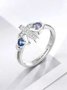 Anillo con forma de cruz personalizado con piedra de nacimiento y nombre en inglés grabado, joyería de moda, esencial para el estilo - Multicolor - Ver 4