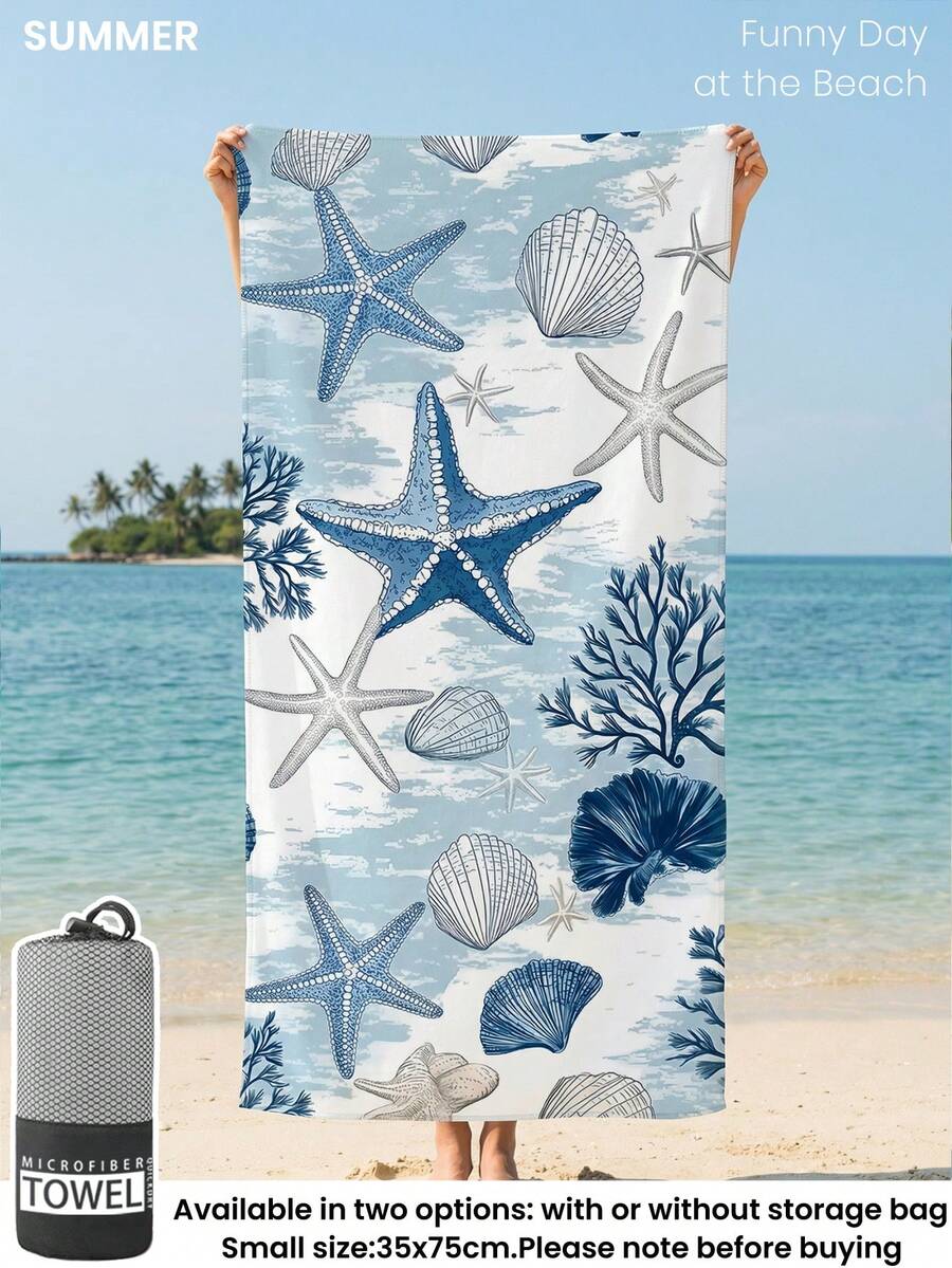 1条蓝色贝壳印花沙滩巾，可作泳巾、浴巾、时尚沙滩毯，超强吸水，适用于浴室、游泳、健身、瑜伽等场合。柔软舒适的超细纤维材质，轻便易携，防风、防晒、防沙，适合夏季旅行、度假、浴室装饰。推荐常规尺寸和大号尺寸（小号35*75厘米，建议150厘米及以上）。 - 彩色 - 查看 1