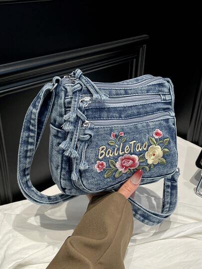 Women's Embroidered Floral Shoulder Bag, Minimalist Versatile Crossbody Bag Suitable For Commuting, Shopping, Travel