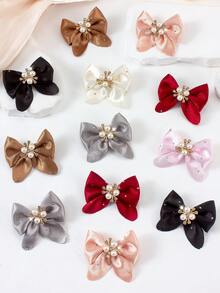 6pcs Solid Color Retro Satin Rhinestone Bow Hairpins, Pearl Studded Fabric Floral Hair Clips, Cute Girl's School Style Daily & Party Hair Accessories - Multicolor - View 7