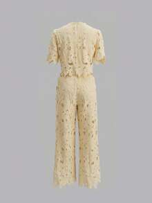 ANCHOSE Women's Elegant Lace Hollow-Out 2-Piece Set: Short Sleeve Top + Wide-Leg Pants, Fashionable Outfit For Daily Wear And Occasions, Light Yellow Summer - Light Yellow - View 3