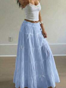 Elegant High Waist Vintage Bow Decor Loose A-Line Skirt White Spring - 淺藍色 - 查看 2
