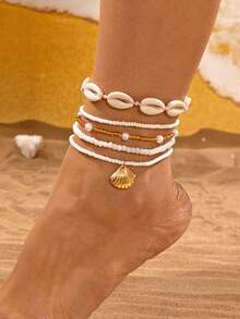 Bộ 5 chiếc vòng chân đính ngọc trai vỏ sò, kiểu dáng nghỉ hè. - Nhiều màu - Xem 2