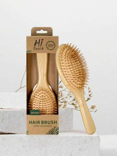 1 pieza Peine de bambú con cojín de aire grande, Cepillo de paleta de bambú (con mango), Peine de bambú natural, Cepillo de paleta desenredante, Adecuado para hombres y mujeres, Peine de masaje de cuero cabelludo portátil, Adecuado para cabello fino/rizado/seco, Clip gratis