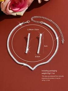 2 piezas Conjunto de joyas de cristal, Encantador collar de diamantes + Pendientes colgantes, Adecuado para boda, gala, regalo de aniversario/Día de San Valentín - Plateado - Ver 4