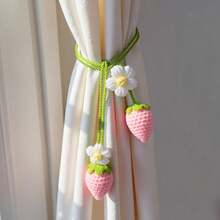 2pcs Handmade Crochet Strawberry Flower Car Rearview Mirror Pendant - Cute And Decorative Car Accessory, Suitable For Women And Teenagers - Pink - View 1