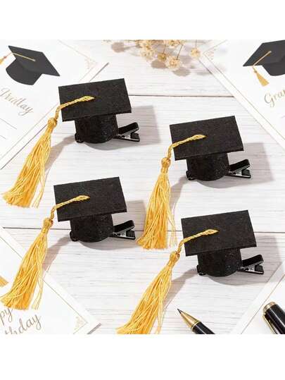 2pcs Graduation Season Hair Clips, 2026 Graduation Black Gold Glitter Tassel Hair Clips, Mini Doctorate Cap & Tassel Graduation Decor Photo Props, Suitable For Graduation Celebration Party Decorations And Graduation Gifts