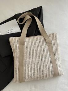 New Summer Woven Large Capacity Straw Beach Bag, Korean Chic Shoulder Underarm Bag - Khaki - View 10