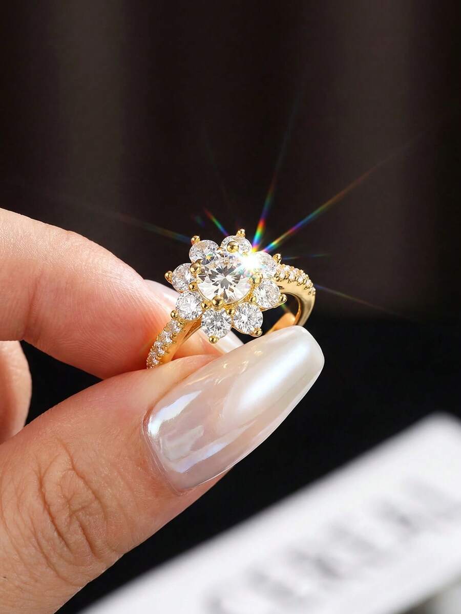 1枚1克拉向日葵图案莫桑石戒指，S925纯银，优雅奢华，是订婚、结婚、闺蜜生日、周年纪念或新娘首饰的完美之选。 - 金色 - 查看 1