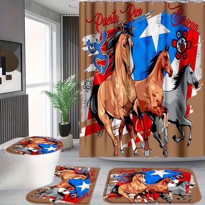 Bộ 1/3/4 món rèm tắm hình ngựa Puerto Rico Boricua, họa tiết biểu tượng Taino, trang trí phòng tắm, chất liệu polyester chống thấm nước, thảm tắm chống trượt và bọc bồn cầu, phụ kiện phòng tắm hoa dại, 12 móc treo, thích hợp cho phòng ngủ/phòng khách/nhà ở.