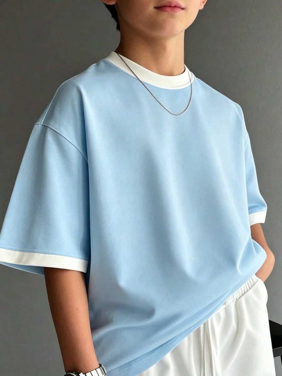 男童基础款撞色圆领短袖T恤，柔软透气，适合日常休闲穿着 - 淺藍色 - 查看 1