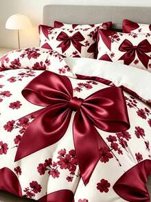 3件套优雅黑色蝴蝶结床上用品套装（1个被套+2个枕套，不含枕芯），奢华蝴蝶结床上用品套装，柔软温暖舒适，适用于卧室、客房、宿舍。 - 酒紅色 - 查看 5
