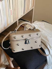 女士优雅手提包，春季新款高端铆钉单肩包斜挎水桶包 - 卡其色 - 查看 9