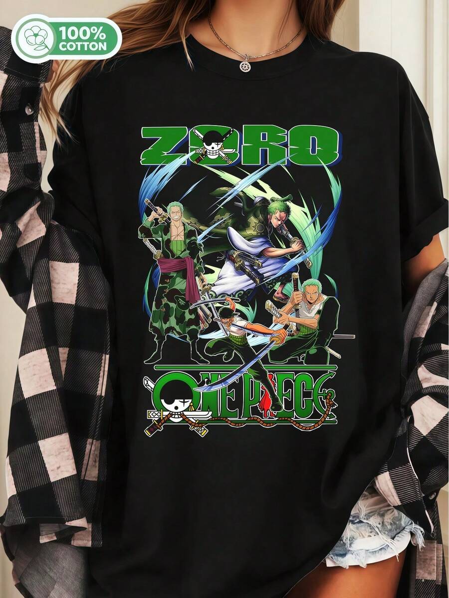 Roronoa Zoro Three Sword Style Straw Hat Pirates 100% Cotton Unisex Oversized Tee - Black - View 1