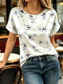 Women's Floral Print Casual Crew Neck Short Sleeve Top, Versatile For Daily Wear Vacation Summer - Apricot - View 1