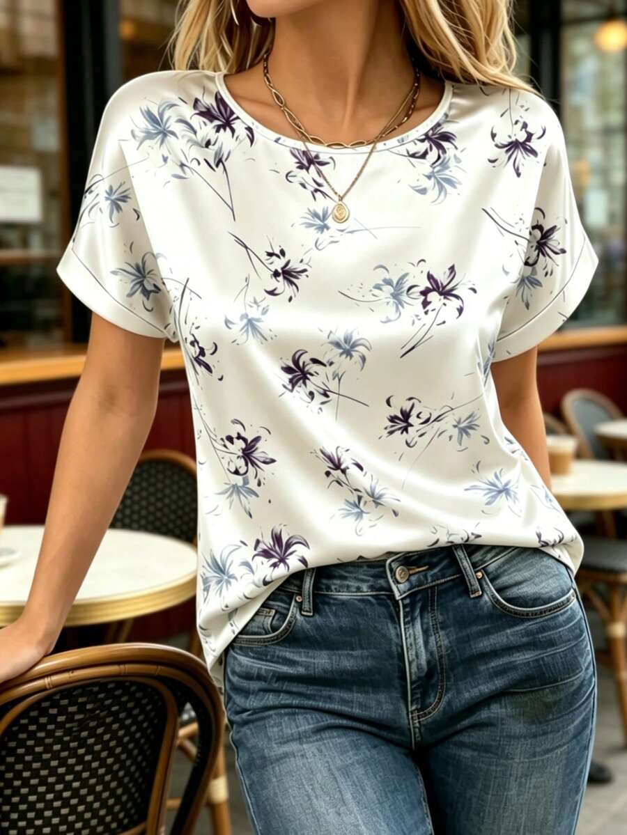 Women's Floral Print Casual Crew Neck Short Sleeve Top, Versatile For Daily Wear Vacation Summer - Apricot - View 1