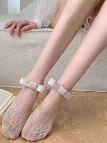 1双女士夏季薄款蝴蝶结防滑镂空短袜，浅口隐形袜 - 彩色 - 查看 2