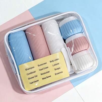 GGGold 11pcs Travel Accessories Set, TSA Approved Toiletry Containers, 3 Silicone Leak-Proof Refillable Bottles, 3 Cream Jars, 3 Accessory Kits, 1 Sticker, 1 Clear Storage Bag, Suitable For Travel Season, 11pcs In Total