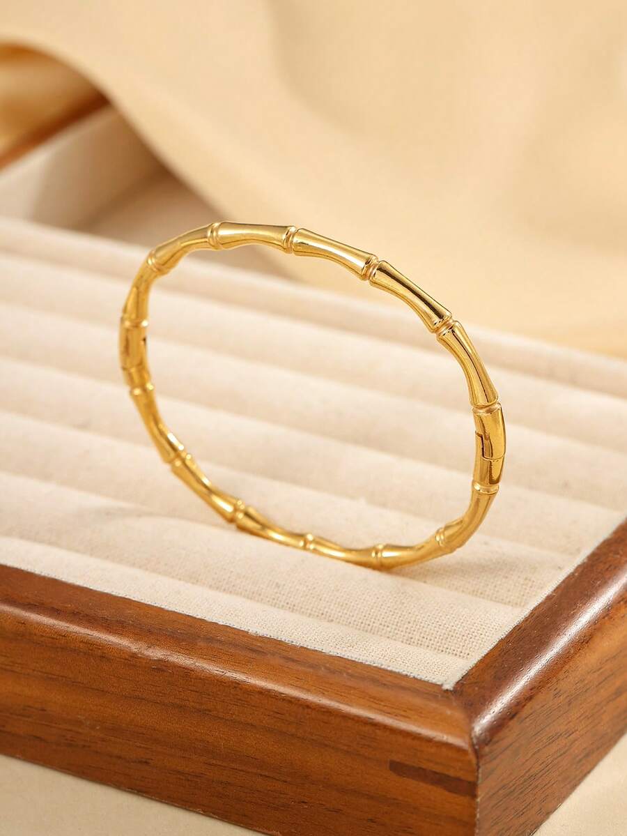 1 pieza Brazalete de acero inoxidable chapado en oro de 18K con nudo de bambú, adecuado para uso de mujeres o como regalo - Amarillo Oro - Ver 1