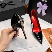 Metal Side Cut-Out Stilettos, Comfortable For The Feet, Women's Shoes Made Of Genuine Leather With Printed Red Soles, High-Quality Women's Single Shoes Made Of Patent Leather. - 1022ok da bóng màu đen, khoét bên hông, khóa bạc, 8CM - Xem 2