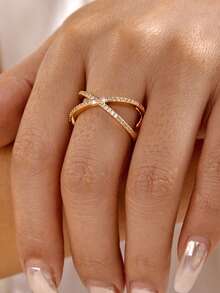 1 pieza Anillo de cobre con diseño minimalista de cruce y pavé de circonita - Dorado - Ver 4