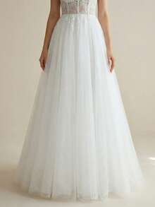Vestido de novia blanco con hombros descubiertos, con cremallera y parches de lentejuelas de unicolor - Blanco - Ver 5