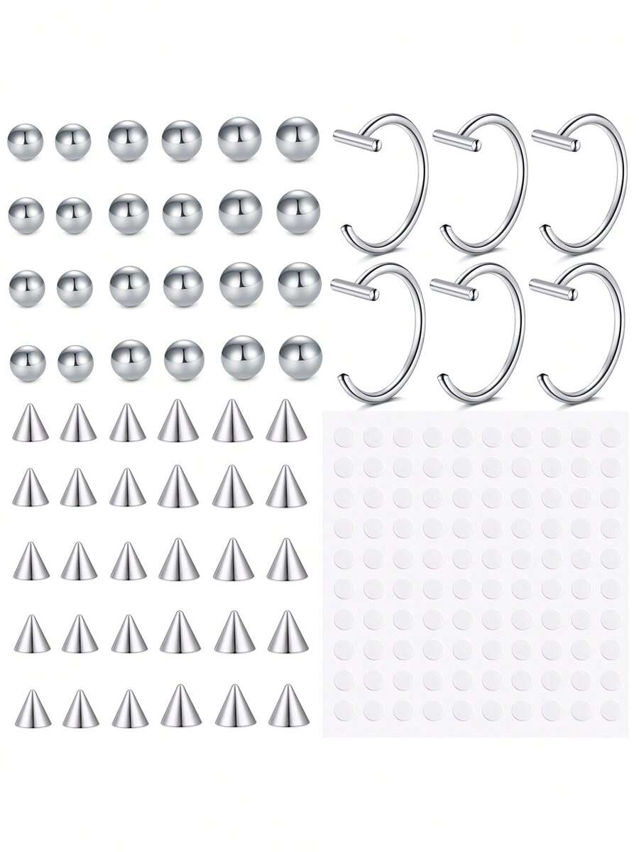 60pcs/Set Fake Lip Piercing Eyebrow Rings Nose Bridge Rings Replacement Balls With Sticker, Fake Lip Snake Bites, Non Piercing Fashion Accessories - Multicolor - View 1