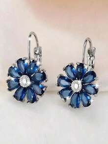 2pcs Fashionable Sunflower CZ Zirconia Encrusted Clip On Earrings For Women, Suitable For Holiday Gatherings & Outfits 8VRZ HTZC - 藍色 - 查看 6