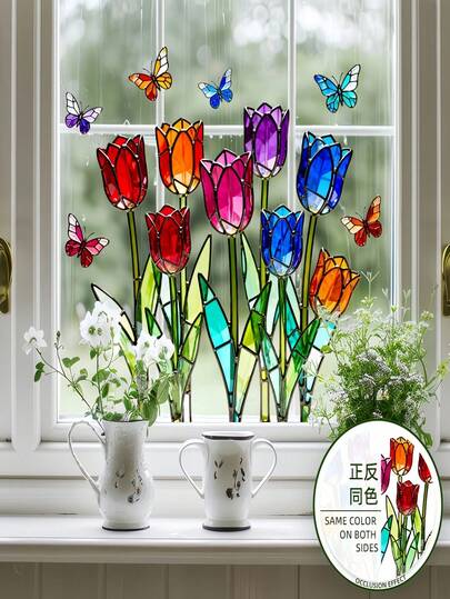 1 miếng dán cửa sổ tĩnh điện hình hoa tulip và bướm nhiều màu sắc, có thể dán hai mặt tạo hiệu ứng kính màu, thích hợp cho nhà bếp, phòng ngủ, phản chiếu ánh sáng mặt trời.