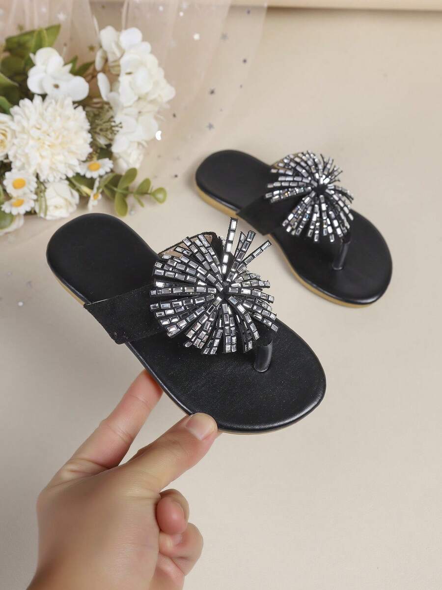 1 Pair Girls' Rhinestone Clip Toe Sandals, Soft Non-Slip Soles, Versatile Summer Beach Slippers For Children - Black - View 1