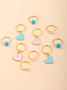 10pcs Pink & Blue Heart Shaped Braided Hair Ties With Pearl, Essential Hair Accessories For Women, Claw Clips,Hair Clip,Party - Multicolor - View 4