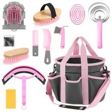 12 Pieces Horse Grooming Kit With Organizer Tote Bag Tack Room Plies Horse Brush Sets Equine Care Cleaning Kit Shedding Grooming Massaging Tools - Grey and Pink - View 1
