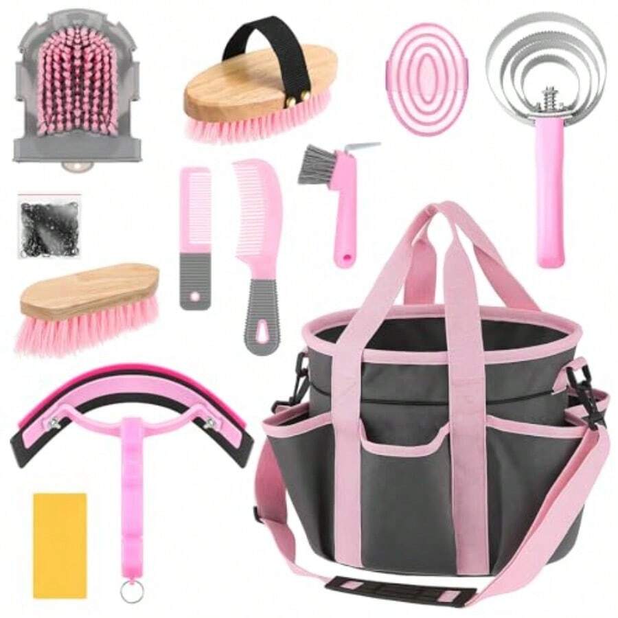 12 Pieces Horse Grooming Kit With Organizer Tote Bag Tack Room Plies Horse Brush Sets Equine Care Cleaning Kit Shedding Grooming Massaging Tools - Grey and Pink - View 1