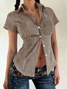 Sunny Girly Y2K Back To School Season Cotton Fitted Collared Short Sleeve Shirt, Button Closure, Blue Plaid Academic Style Top Summer - Cà phê nâu - Xem 5