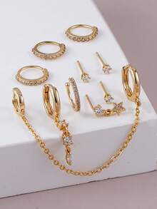 10 Stück Ohrringe Set mit kubischem Zirkonia, mehrschichtige Ohrstecker mit Stern Anhänger Kette, geeignet für den täglichen Gebrauch von Frauen, Dates, Partys - Goldgelb - Übersicht 5