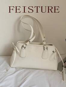 1 Stück FEISTURE Mode Polka Punkt Damen Große Kapazität Unterarm Schultertasche, Riemendesign, mit Anhänger, geeignet für Mädchen, Damen, Studenten, Berufseinsteiger und Büromitarbeiter, ideal für Arbeit, Geschäft, Pendeln, Schule - Weiss - Übersicht 4