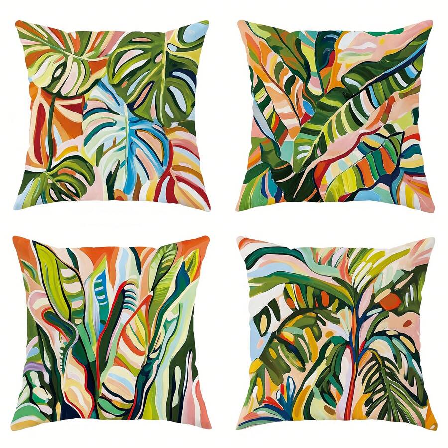 4pcs Tropical Green Plant Oil Painting Style Pillow Covers, Macaron Color Blocking Home Decor Cushion Covers, Polyester Fabric Single-Sided Printed, Machine Washable, Suitable For Bedroom, Living Room, Sofa, Bed, 45*45cm - Multicolor - View 1